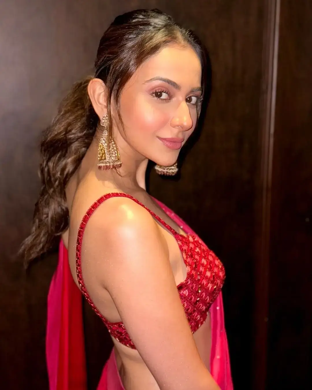 Indian Girl Rakul Preet Singh wear Beautiful Earrings Red Saree